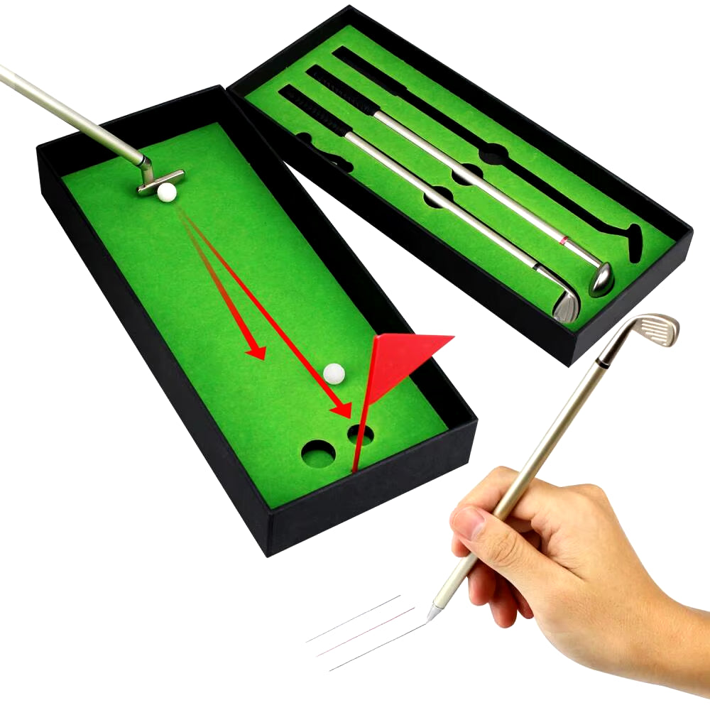 Professional Golf Pen Set with Mini Desktop Putting Green, Three Club Pens, Golf Balls, and Flag - Ideal Gift for Golf Enthusiasts